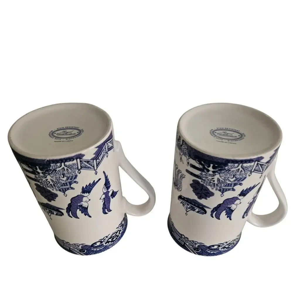 Royal Cuthbertson Blue Willow Mugs Set of 2 Blue White China